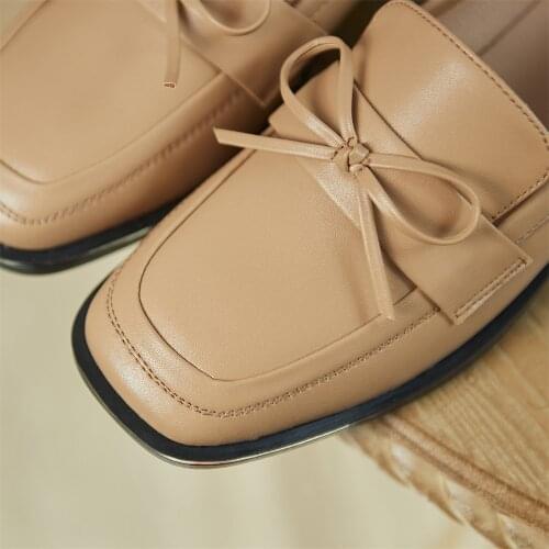 Kanseet Butterfly-Knot Mid Heels Daily Womens Pumps Black Apricot Genuine Leather Shoes Large Size 41 Spring Autumn 2021 New