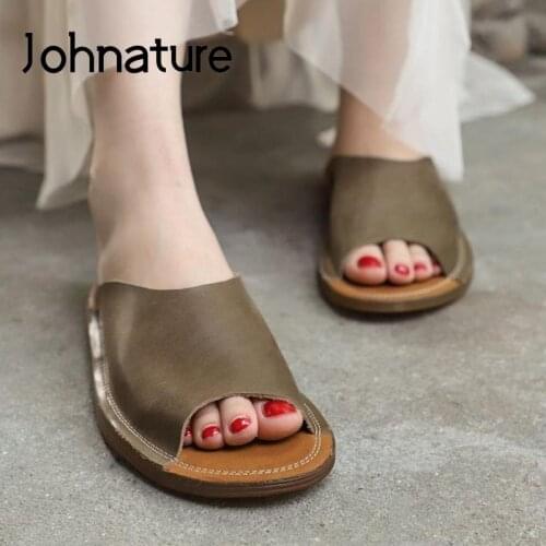 Johnature Summer Shoes Women Slippers Genuine Leather 2021 New Outside Flat With Leisure Handmade Concise Sewing Ladies Slippers