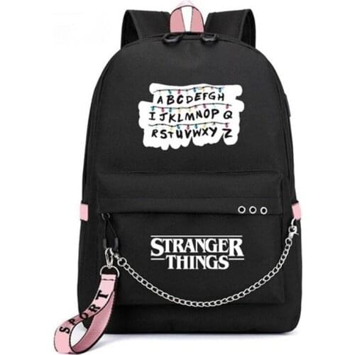 Female Backpack Stranger Things Canvas Backpack Canvas Student Schoolbag Women Letters Print Girls Ribbons USB Charge Backpack