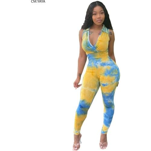 CM.YAYA women tie dye print v-neck sleeveless bodycon skinny jumpsuit sexy party sport one piece romper overall playsuit