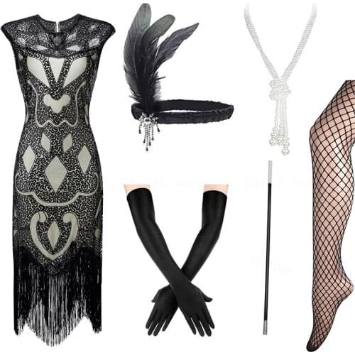 Womens 1920s Gatsby Inspired Sequin Beads Long Fringe Flapper Dress /Accessories Set