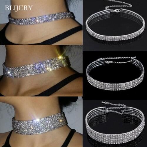 BLIJERY Elegant Bridal Wedding Prom Full Rhinestone Choker Chain Necklaces for Women Silver Color Crystal Choker Elastic Cord