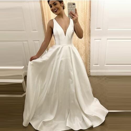 Vestidos De Boda Simple Satin Sexy V Neck Wedding Dress Straps Backless Wedding Gown A line Bridal Dress Robe De Mariage 2019