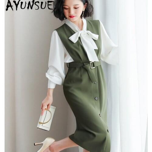 Spring Summer Dress Women Clothes 2020 Korean Elegant Bodycon Office Dress Two Piece Set Shirt + Strap Dresses ZT2089