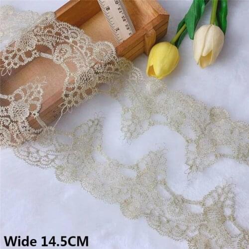 14.5CM Wide Glitter Golden Polyester Embroidered Ribbon Voile Lace Fabric Edge Trim Princess Dresses Skirts Fringe Sewing Decor