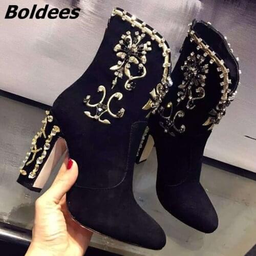 Elegant Luxurious Black Suede Crystal Embroidery Ankle Boots Women Retro Style Crystal Jewelry Decorated Block High Heel Boots