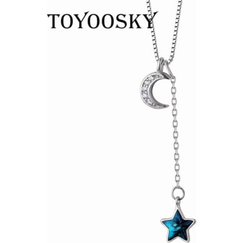 TOYOOSKY 925 Sterling Silver Pendant Necklace Female Korean Version Blue Crystal Star Temperament Moon Necklace Jewelry