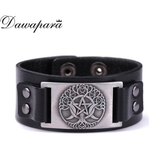 Dawapara Triple Moon Goddess Tree Of Life Leather Bracelet Wiccan Pentagram Amulet Cuff Bangle