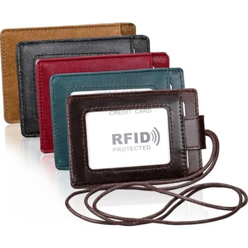 Genuine Leather Id Card Badge Holder with Lanyard RFID Blocking Card Cover for Chest Card Hangtag Work Pass Student Card Holder