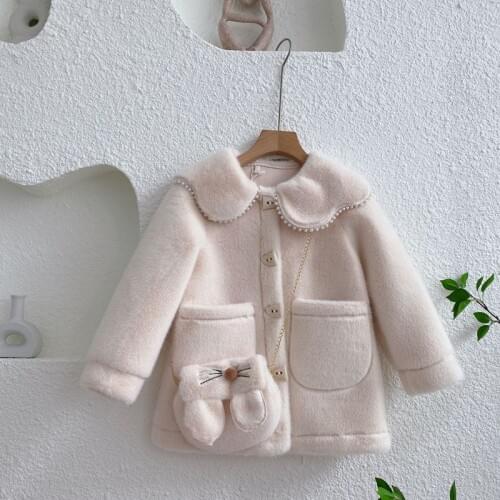 Childrens and girls' fur one woolen coat single row horn button winter thick coat