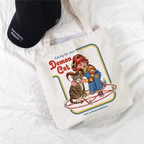 Ladies Canvas Shopping Bag Female Canvas Bag Satan Devil Cat Eco Handbag Tote bag Reusable Shopper Bags Women sac shopping 2021