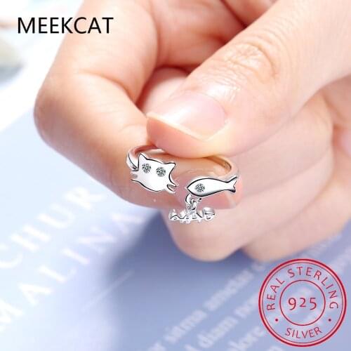 925 Sterling Silver New Woman Fashion Jewelry High Quality Crystal Zircon Kitten and Fish Ring Adjustable Size Open Ring