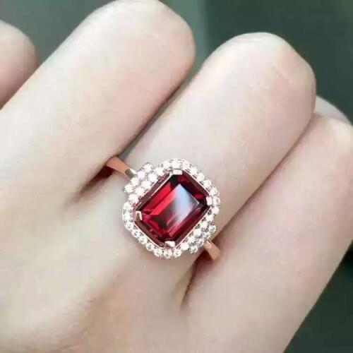 Natural red garnet stone Ring Natural gemstone Ring S925 sterling silver trendy Elegant Square women girl gift Jewelry