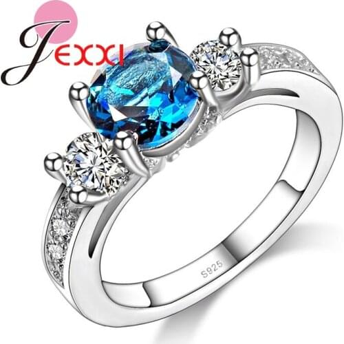 Promotion Christmas Day Gift Woman 925 Stamp Sterling Silver Jewelry Shiny Blue Crystal Rhinestone Wedding Eternity Ring