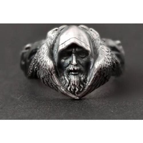 Mysterious Scandinavian Mythology Odin Great God Viking Warrior Arctic Wolf Rings Gothic Metal Thai Silver Black-plate Ring Men