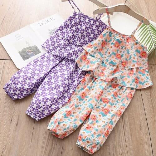 Summer Flower Girls Clothing Set Cute Korean Suspender Top&pants Beach Toddler Children Outfits Birthday Little Kids Clothes