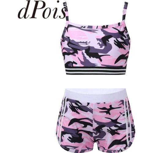 Yoga Sets Kids Girls Tankini Activewear Running Outfit Crop Top + Bottoms Two Pieces Tracksuit Gymnastics Workout Sports Clothes