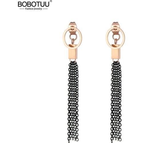 Loaker Separate Drop Earring Rose Gold Stainless Steel Black Color Tassels Fashion Jewelry Round Pin Boucles D'oreilles BE18465