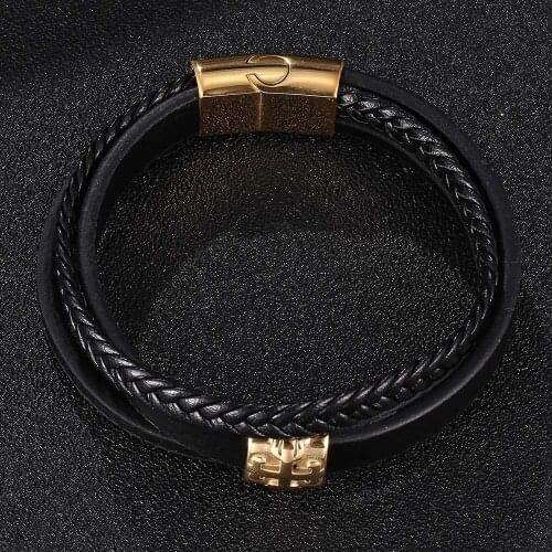 Multilayer Black Leather Bracelet Men Stainless Steel Magnetic Buckle Charm Bangles Golden Accessories Fashion Women Wrist Band