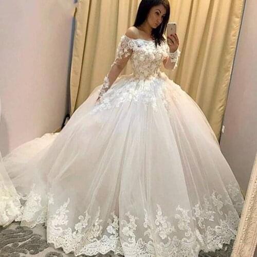 Muslim Long Lace Ball Gown Wedding Dresses Custom Sweep Train Button Back off Shoulder Bridal Gowns Brautkleid Women