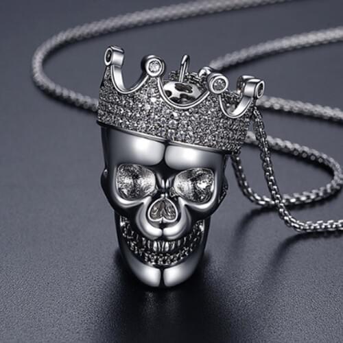 Zlxgirl jewelry gold and rhodium silver color skull bone mens punk pendant accessory AAA cubic zircon copper chain necklace