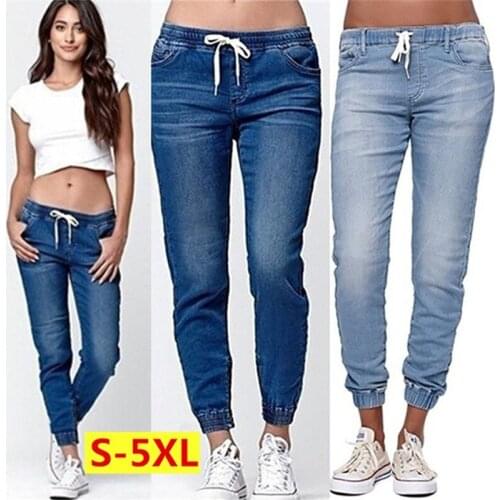 Spring Plus Size Fashion Lace-up Jeans Women Denim Pants Elastic Waist Casual Loose Fit Jean Long Pants Ladies Large Size S-5XL