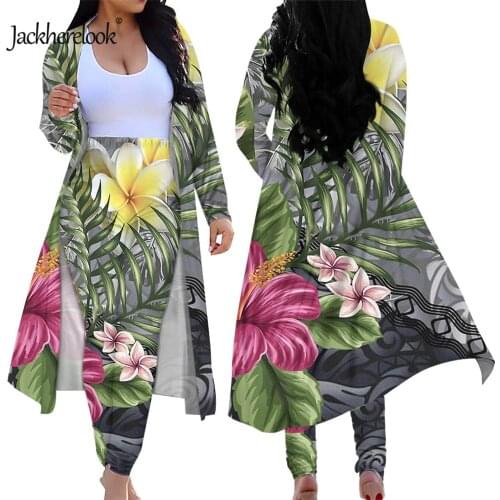 Jackherelook 2 Piece Outfits for Womens Tropical Hawaiian Hibiscus Print Elegant Long Sleeved Cardigan Skinny Bodycon Pants Set