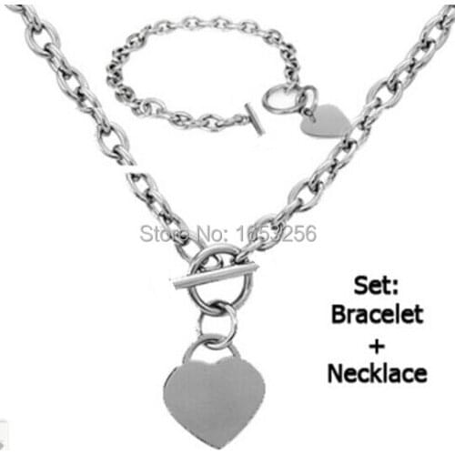 New Popular womens stainless steel oval chain heart Charm necklace and bracelet Set Nickel free, lead free