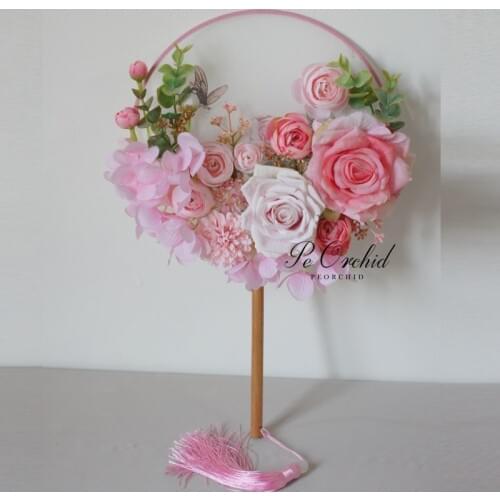 PEORCHID Traditional Chinese Bridal Bouquet Fan Vintage Pink RoseArtificial Wedding Bridesmaid flower Bouquet fleurs Mariage