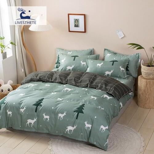 Liv-Esthete Nordic Bedding Set Deer Green Adult Double Queen King Single Child Bed Linen Set Bedspread Fitted Sheet Home Decor