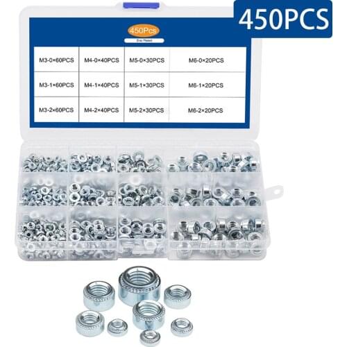 450PCS/Box M3 M4 M5 M6 Self Clinching Nuts Zinc Plated Galvanized Steel Swage Nut Press-fit Nut Fastener Assortment Kit