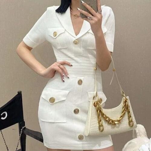 Sexy Lady One Piece Slim Fitting Knitted Dress Short Sleeve Buttons Golden Good Quanlity Robe Vestido Spring Summer