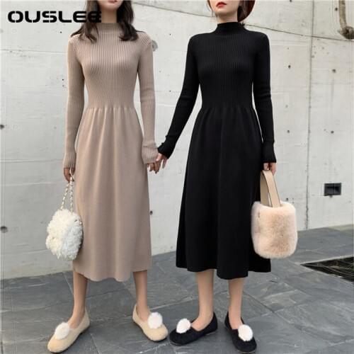 OUSLEE Knitted Dress Women Casual Long Sleeves Vintage Elegant Office Sweaters Dresses Female Korean Style One-piece Long Dress