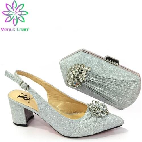 High Quality Silver Color African Designer Shoes and Bag Set To Match Designer Luxury Shoes Women 2020 Nigerian Party Pumps
