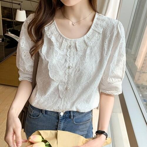 2021 Summer Womens Blouse Korean Fashion Lace Shirt Vintage Solid Short Sleeve Fashion Ruffled Top and Blouse Camisa 14193