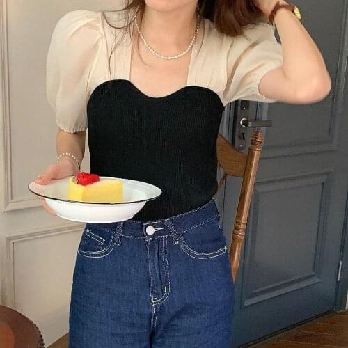 Summer Casual Knitting Blouse Tops for Women French Puff Sleeve Patchwork Sweet Blouse Shirt Slim Beach Outing Kawaii Tops 2021