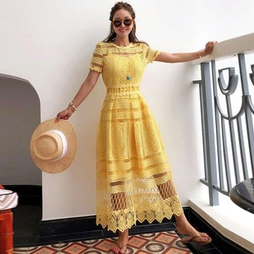 Summer 2019 Women Yellow Hollow Out Lace Party Dress Elegant Female Short Sleeve Casual Big Swing Long Beach Dresses Vestidos