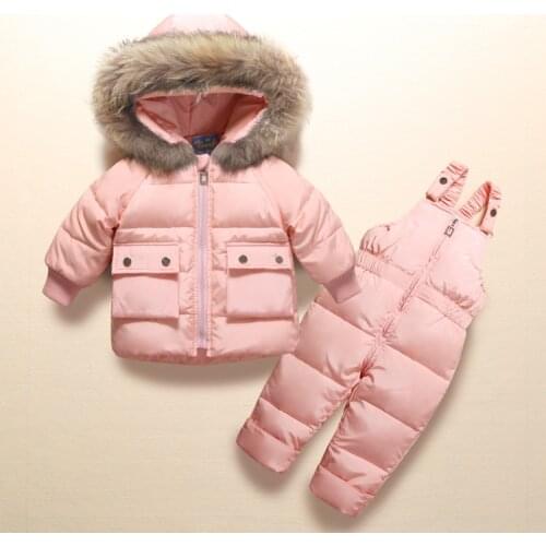 Winter Clother Kids Girls Boys Snowsuit Set Strap Warm Pants Boy Baby Jacket Duck down Coat Children Real Fur Hooded Outerwear