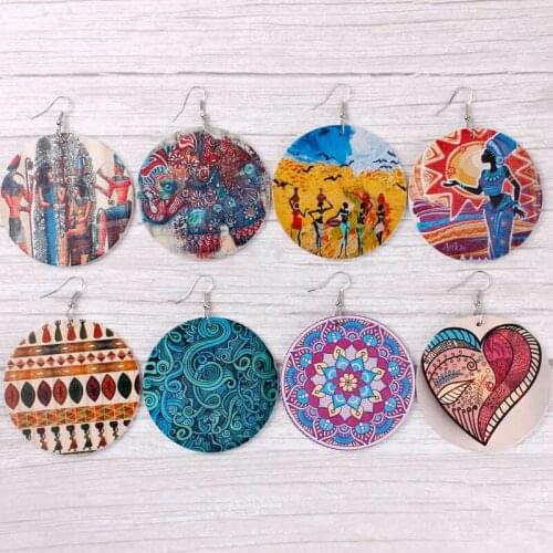ZWPON 2019 Large Ethnic Wood Disc Earrings Women Big African Tribal Elephant Print Flat Round Wooden Earrings Jewelry Wholesale