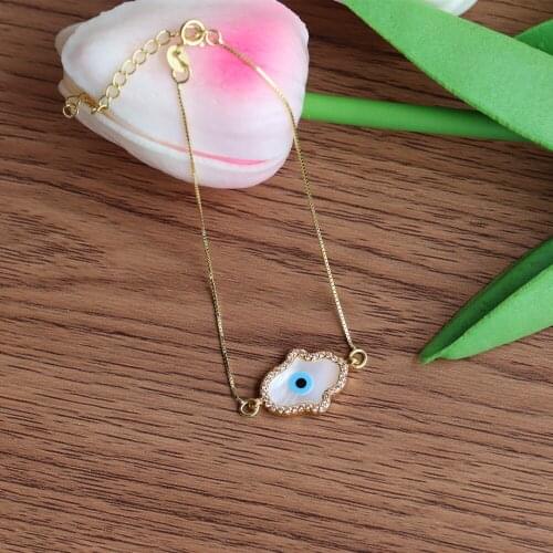 1pc High quality rose gold color hamsa/14K gold marquise mother of pearl stone box chain Turkish evil eye tennis bracelet