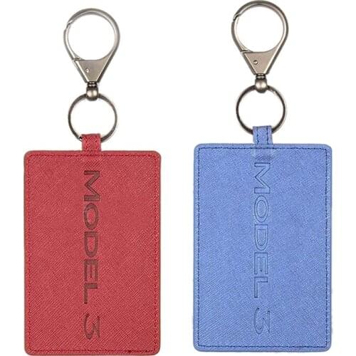 2x Key Card Holder for Tesla Model 3, Anti-Dust Light Leather with Keychain for Tesla Model 3 Accessories Red & Blue