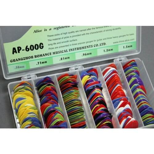 600pcs/Box AP-600G Projecting Nylon Acoustic Electric Bass Guitar Picks Plectrums + Case 0.58/0.71/0.81/0.96/1.20/1.50mm