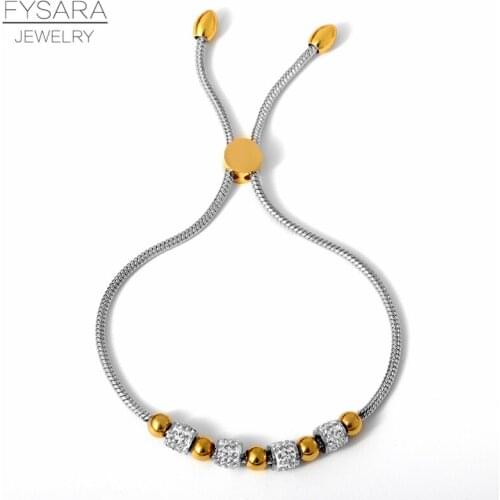FYSARA 4 Color Stainless Steel Gold Black Beads Crsytals Bracelets for Women Adjustable Chain Bangle Bracelet Men Couple Jewelry