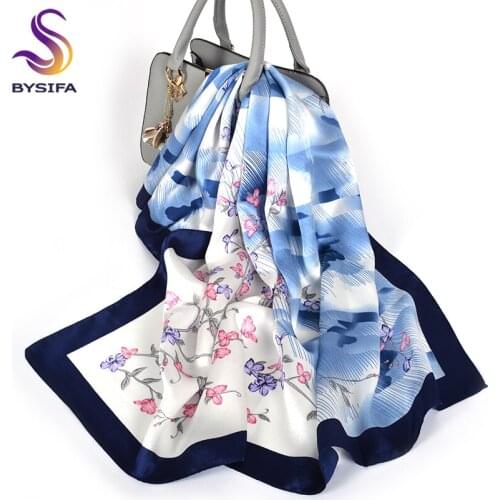 [BYSIFA] New Brand 100% Silk Scarf For Ladies Chinese Style Floral Blue Silk Scarf Shawl Fashion Elegant Winter Scarves 88*88cm