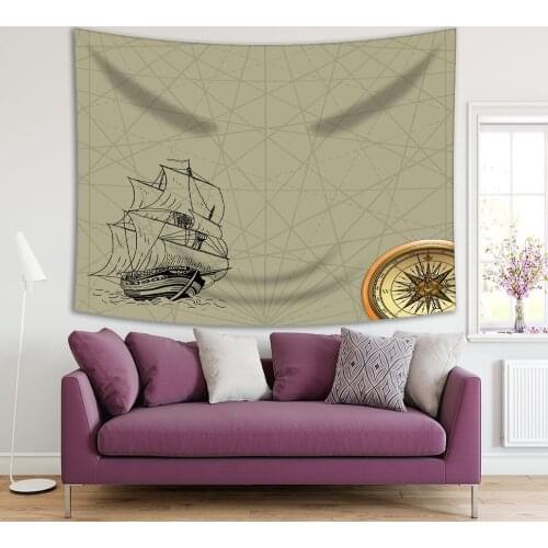 Tapestry Sailing Ship in Ocean and Vintage Compass on Geometric Background Historic Traspotation Yellow Beige