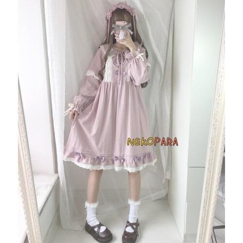 Cute Girls Taro Purple Linen Cotton Soft Dress Spring Long Sleeve Double Layers Collar Big Hem Bows Dress One Piece
