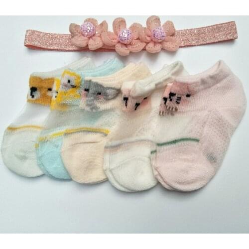 Fashion Cartoon Pattern Baby Boat Socks and Colorful Flower Hairband Set Newborn Breathable Anti-slip Sock Cute Elastic Headband