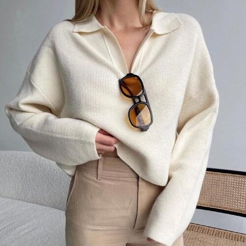 2021 Fashion Simple Elegant Women Sweaters Lady Long Sleeve Lapel Collar Solid Loose Knit Pullover Tops Autumn Winter Knitwear