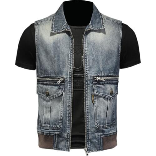 2021 Jean Jacket Mens Denim Vest Coats Blue Slim Lapel Collar Big Pocket Zipper Sleeveless Motorcycle Waistcoat Cowboy Brand