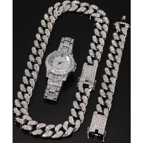 Hip Hop Luxury Men Bracelet Ice Out Cuban Crystal Miami Chain Gold Silver Color Men Watch +Bracelet Set Rock Adjustable For Men